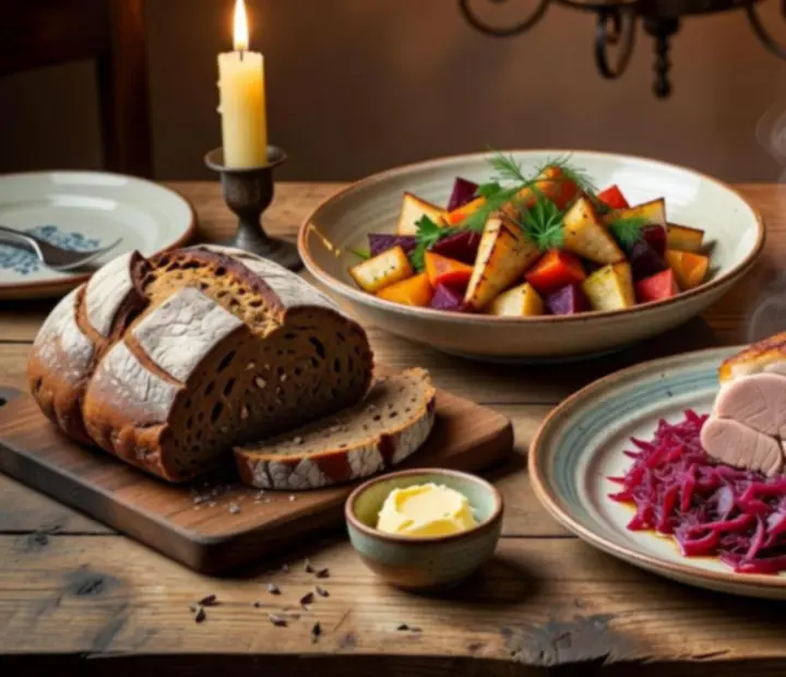 Řemeslně servírovaná česká jídla a sklenice vína na dřevěném bistro stole.