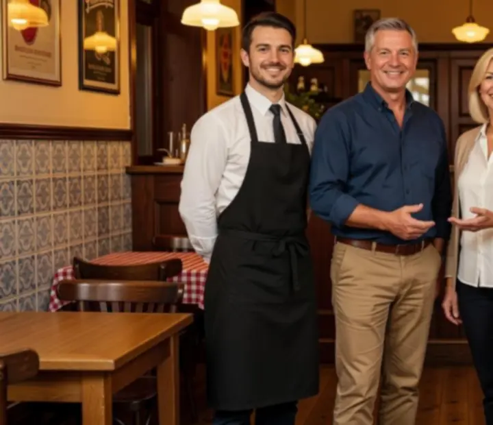 Přátelští majitelé a personál Café U Dvou Přátel společně uvnitř bistra.