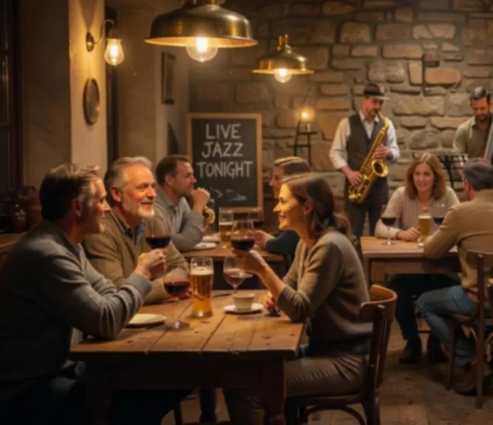 Jemně osvětlená večerní atmosféra ve společenském salónku se zářícími lampami a hosty relaxujícími u drinků.